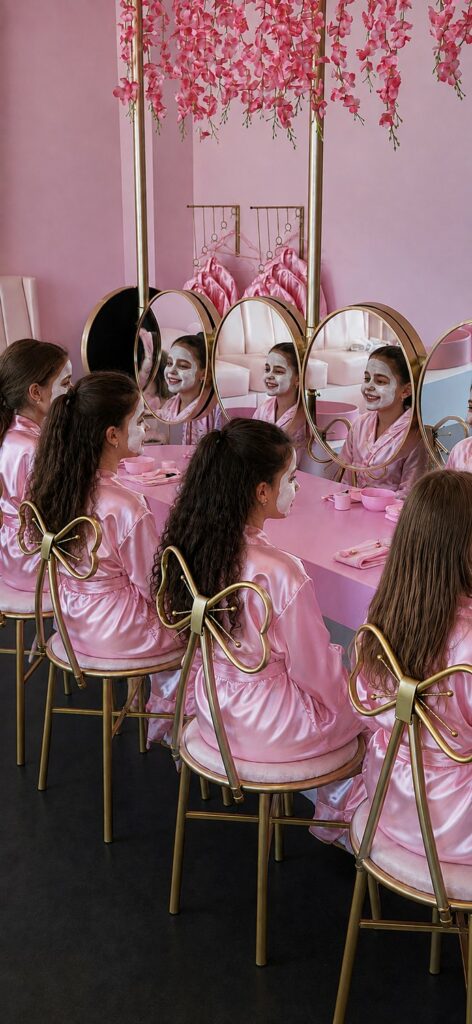 Salon Le Royaume des Princesses à Montpellier, coiffeuse rose et miroirs ronds pour l'atelier La Princesse en Beauté