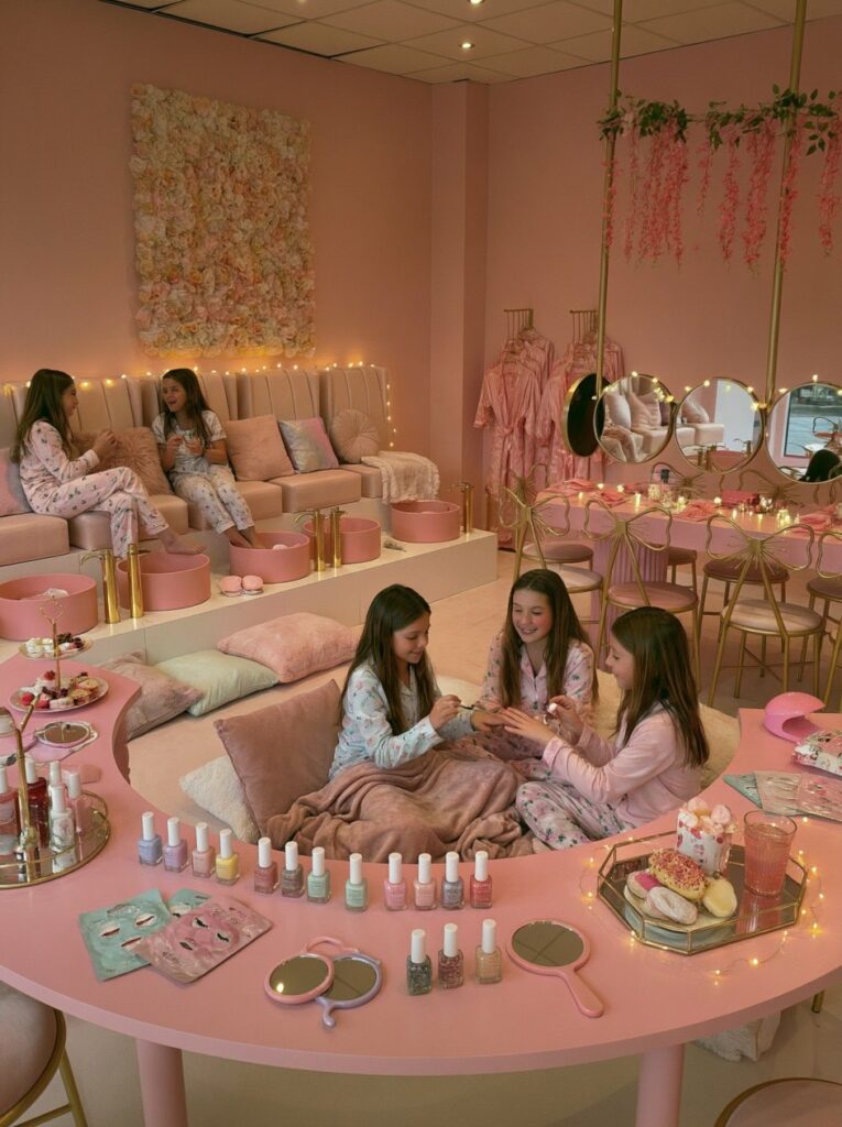 Soirée Pyjama au Salon pour adolescentes, décor rose et pyjamas assortis