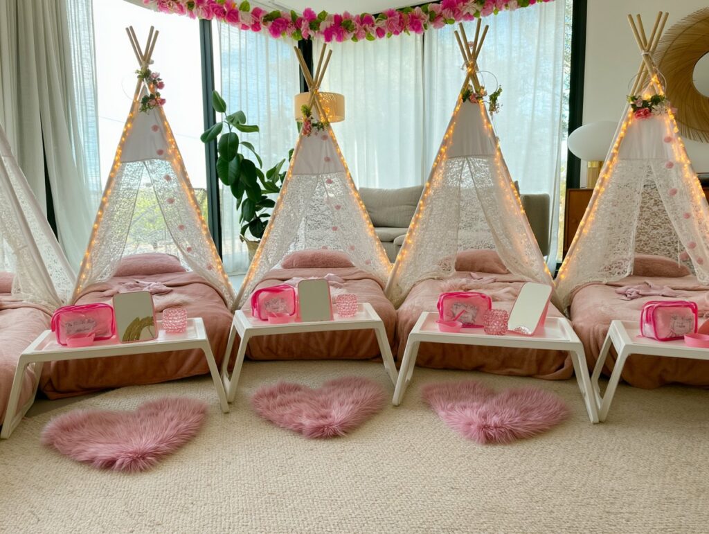 Soirée Pyjama à la Location : tipis décorés installés pour un anniversaire à domicile